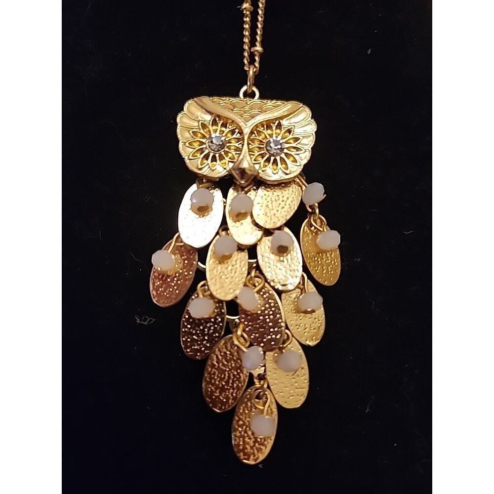 Articulated Owl GoldTone Rhinestone Eyes Chain Pendant Necklace Charming Charlie